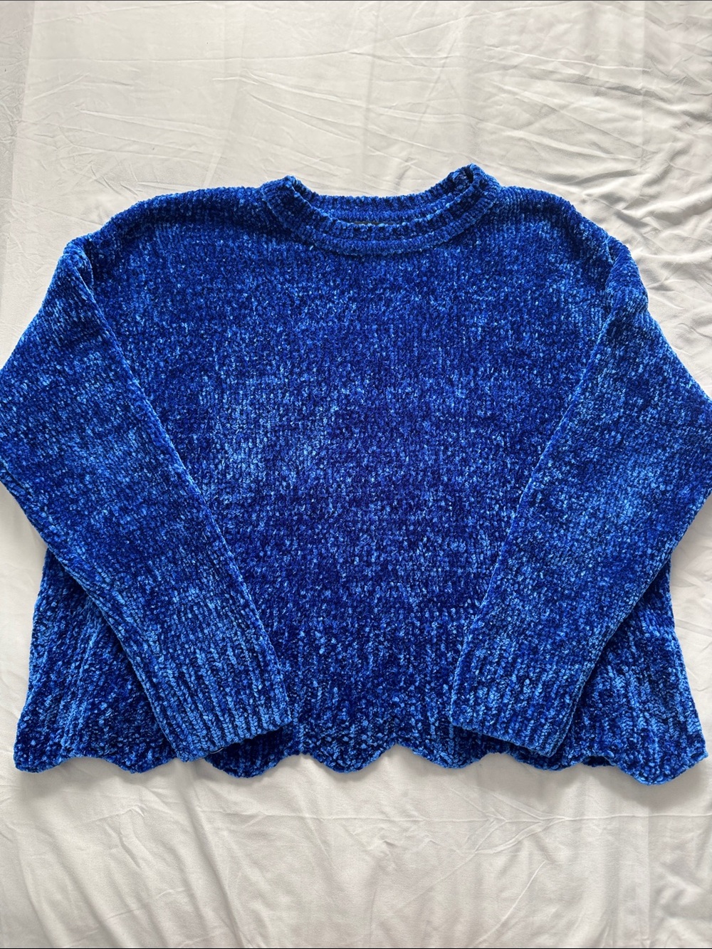 Cynthia Rowley Deep Royal Blue Chenille Crewneck Sweater with scalloped bottom